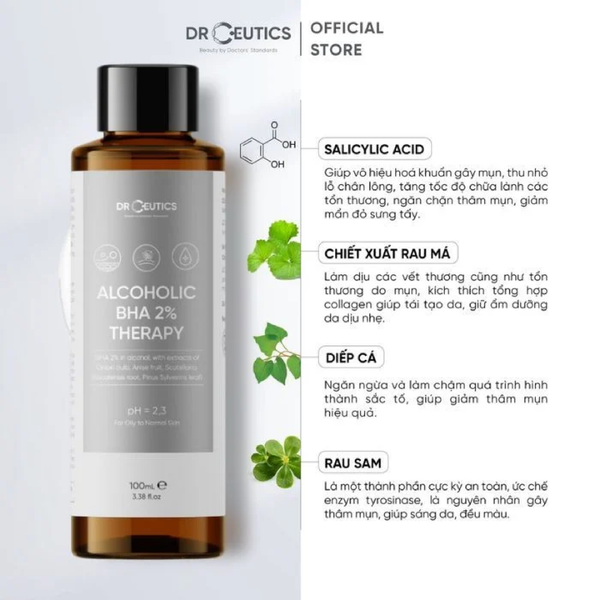 Toner Làm Sạch, Tẩy Da Chết DrCeutics Alcoholic BHA 2% Therapy (Nền Cồn) 200ml