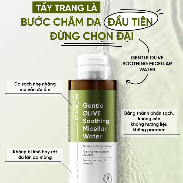 Nước Tẩy Trang DrCeutics Gentle Olive Soothing Micellar Water Làm Sạch Sâu, Dưỡng Ẩm 500ml