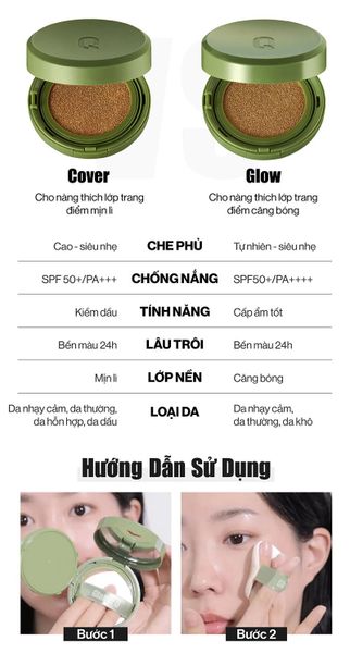 Phấn Nước Căng Bóng Thuần Chay Glamrr Q Vegan Super GLOW Cushion SPF50+ PA++++ 15g (NO.02 NATURAL BEIGE: Da tự nhiên hoặc thích kiểu trang điểm tự nhiên)