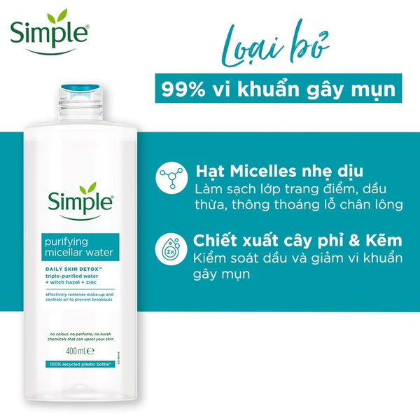 Nước Tẩy Trang Simple Cho Da Dầu Mụn 400ml Purifying Micellar Water