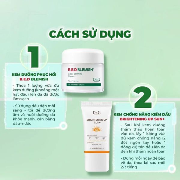 Combo Dr.G Kem Dưỡng Cấp Ẩm, Phục Hồi 70ml & Kem Chống Nắng Sáng Da 20ml R.E.D Blemish Clear Soothing Cream + Brightening Up Sun+ SPF50+ PA+++