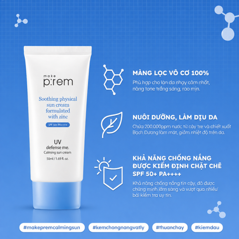 Kem Chống Nắng Make p:rem Vật Lý Cho Da Nhạy Cảm 50ml UV Defense Me. Calming Sun Cream SPF50+ PA++++