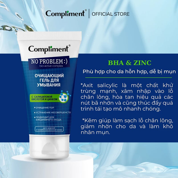 Gel Rửa Mặt Compliment BHA & Zinc Giảm Viêm Ngừa Mụn 200ml No Problem BHA & Zinc Cleansing Gel
