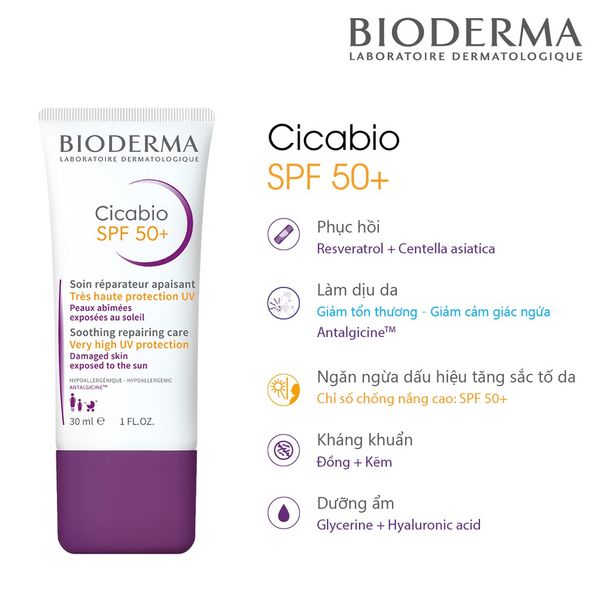 Kem Dưỡng Bioderma Cicabio SPF50+ Soothing Repairing Hỗ Trợ Phục Hồi, Ngừa Thâm 30ml