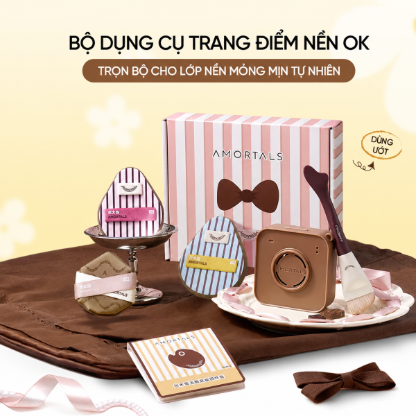 Bộ 6 Dụng Cụ Trang Điểm AMORTALS Ok Foundation Tools Set - Gồm 3 Bông Mút + Cọ Tán Nền + Giấy Pha Nền + Hộp Đựng