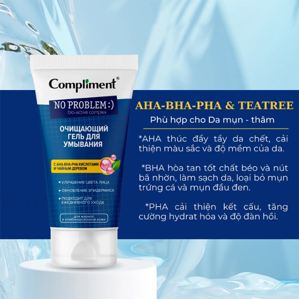 Gel Rửa Mặt Compliment AHA-BHA-PHA Tẩy Da Chết 200ml No Problem AHA - BHA - PHA & Tea Tree Cleansing Gel