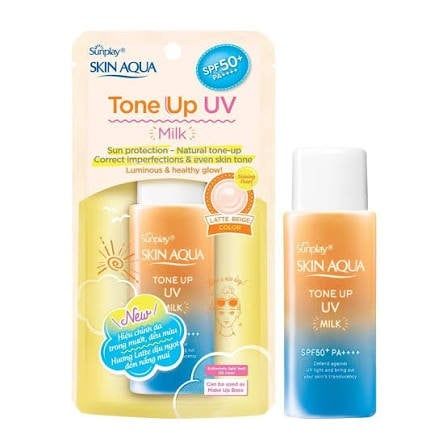 Kem chống nắng nâng tông Skin Aqua Tone up Latte Beige cho mọi tông da, dạng tinh chất Sunplay Skin Aqua Tone Up UV Essence Latte Beige SPF 50+ PA++++ 50g