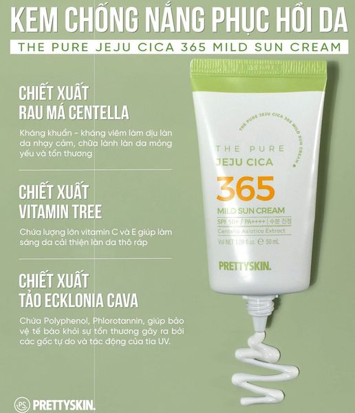 Kem Chống Nắng Chiết Xuất Rau Má Pretty Skin The Pure Jeju Cica 365 Mild Sun Cream 50ml