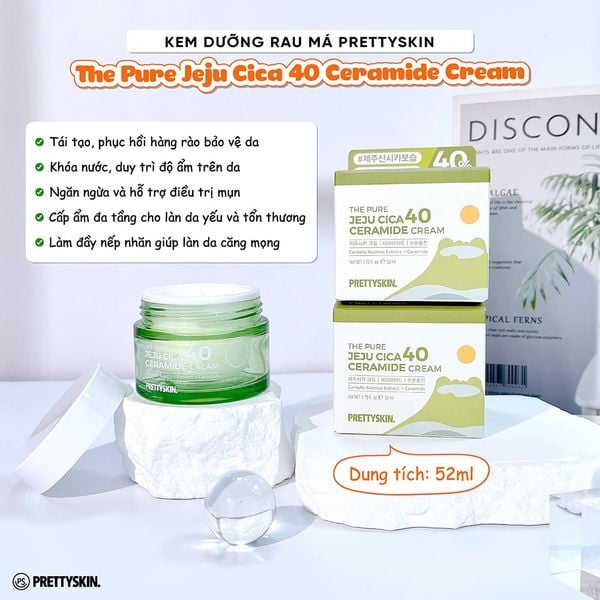 Kem Dưỡng Phục Hồi Chiết Xuất Rau Má Pretty Skin The Pure Jeju Cica 40 Ceramide Cream 50ml