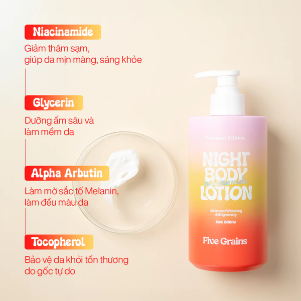 Sữa Dưỡng Thể Five Grains Sáng Da Cấp Ẩm Ban Đêm 500ml Niacinamide Night Body Lotion (Premium Edition)