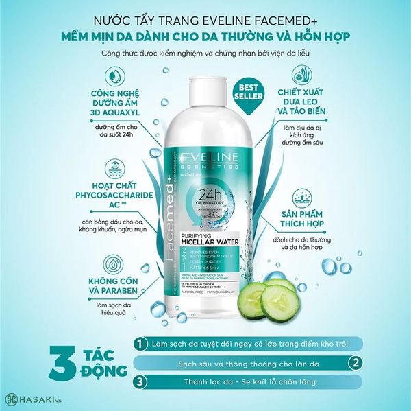 Nước Tẩy Trang Eveline Da Thường, Da Dầu, Da Hỗn Hợp 400ml Purifying Micellar Water