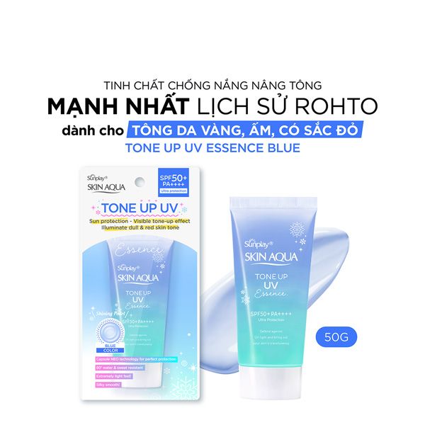 Kem chống nắng nâng tông Skin Aqua Tone up Blue cho da vàng có khuyết điểm đỏ, dạng tinh chất Sunplay Skin Aqua Tone Up UV Essence Blue SPF 50+ PA++++ 50g