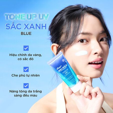 Kem chống nắng nâng tông Skin Aqua Tone up Blue cho da vàng có khuyết điểm đỏ, dạng tinh chất Sunplay Skin Aqua Tone Up UV Essence Blue SPF 50+ PA++++ 50g