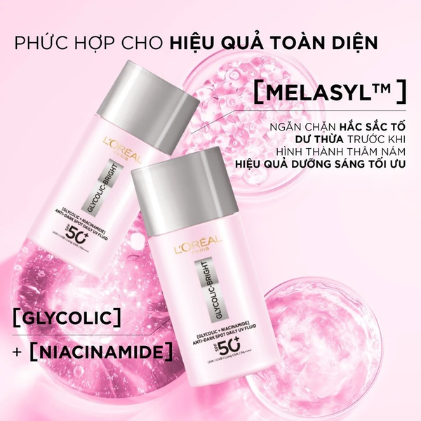 Sữa Chống Nắng L’Oreal Bảo Vệ Phổ Rộng Sáng Da Mờ Thâm 50ml Glycolic Bright Anti-Dark Spot UV Fluid SPF 50+ PA++++