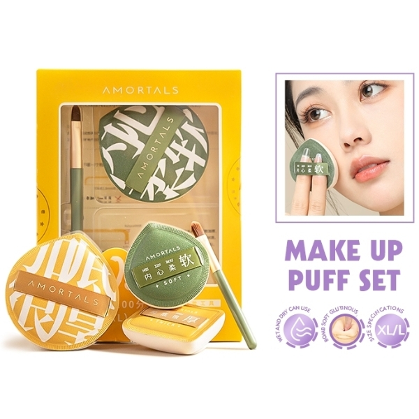 Bộ 2 Bông Mút+Cọ Che Khuyết Điểm Tán Kem Nền Dạng Lỏng Amortals 100% Powder Puff
