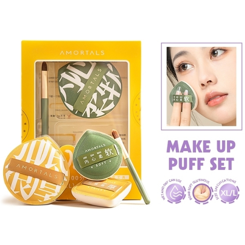 Bộ 2 Bông Mút+Cọ Che Khuyết Điểm Tán Kem Nền Dạng Lỏng Amortals 100% Powder Puff