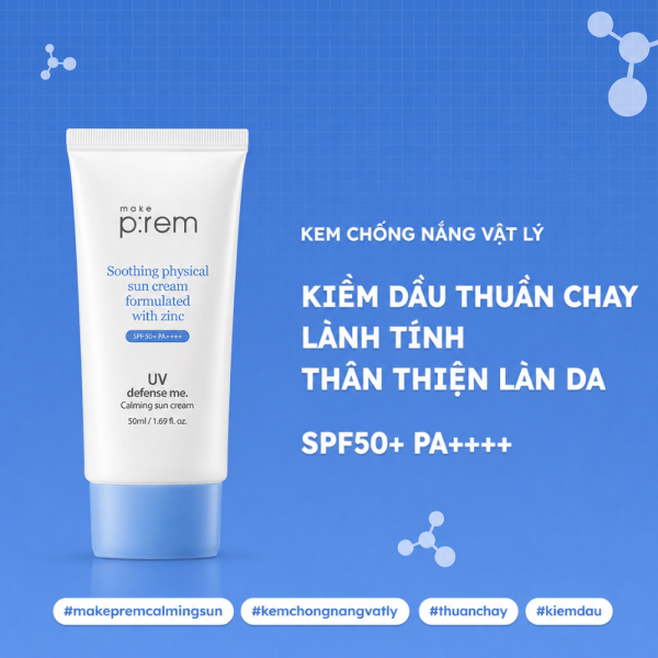 Kem Chống Nắng Make p:rem Vật Lý Cho Da Nhạy Cảm 50ml UV Defense Me. Calming Sun Cream SPF50+ PA++++