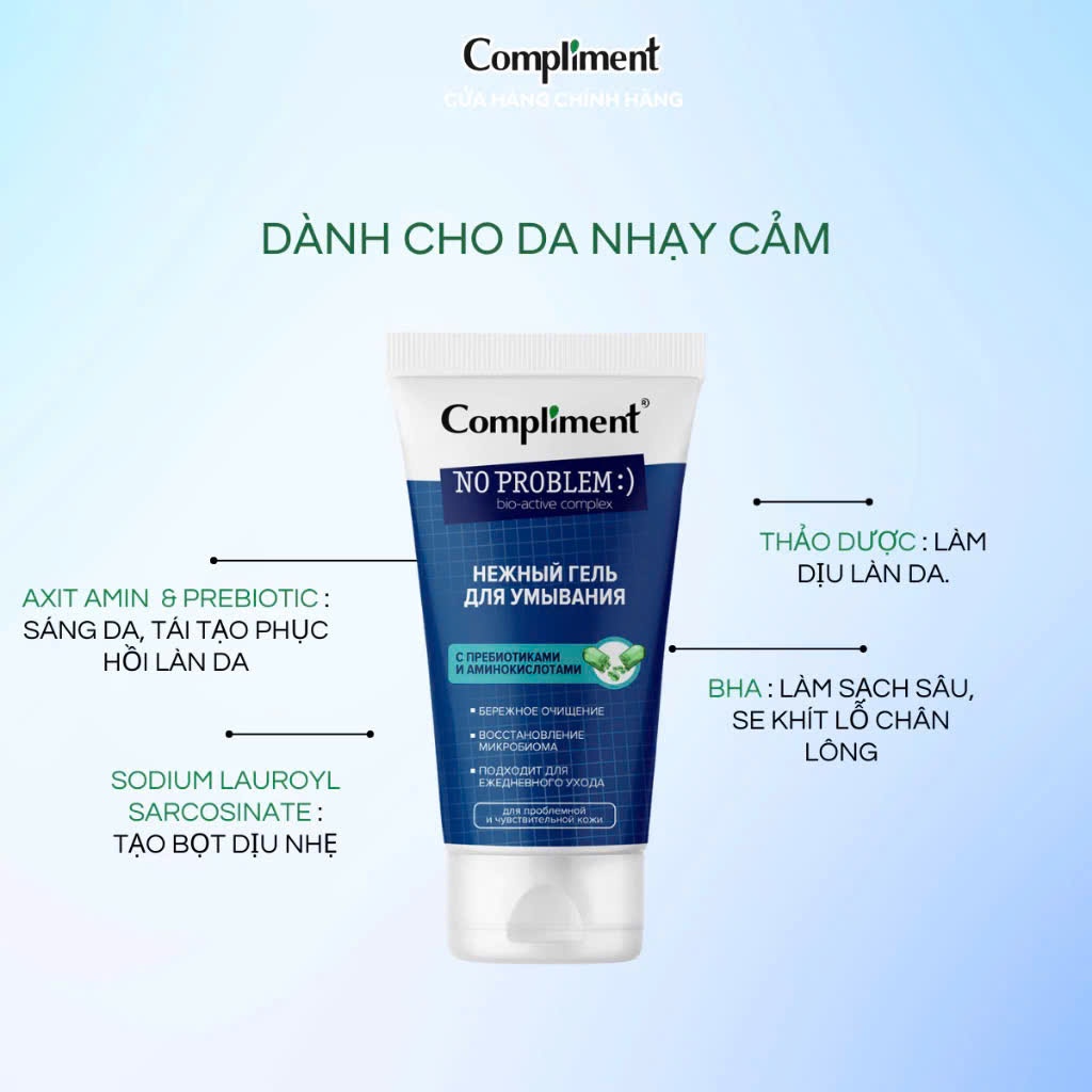 Gel Rửa Mặt Compliment BHA & Zinc Giảm Viêm Ngừa Mụn 200ml No Problem BHA & Zinc Cleansing Gel
