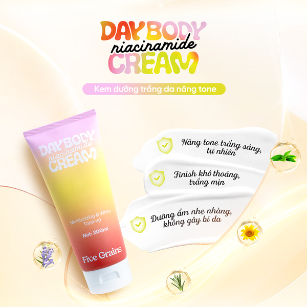 Sữa Dưỡng Thể Five Grains Sáng Da Nâng Tông Ban Ngày 200ml Niacinamide Day Body Cream - Moisturizing & White Tone-Up