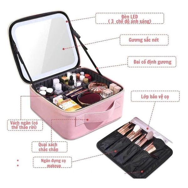 Cốp Đựng Đồ Trang Điểm Đèn Led Kèm Gương 26*23*11cm