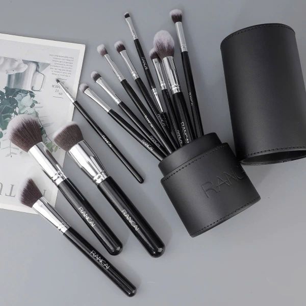 RANCAI Bộ Cọ Trang Điểm 12 Cây Màu Đen Kèm #Cán Bạc - Hộp Da tròn
