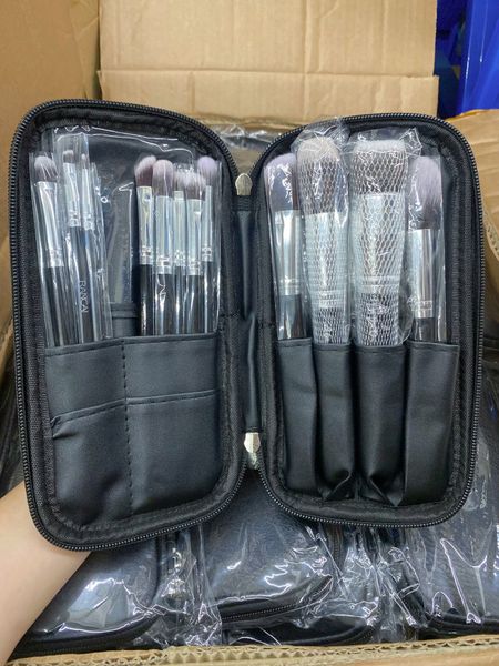 RANCAI Bộ Cọ Trang Điểm 12 Cây Màu Đen Kèm #Cán Bạc - Bao Da Vuông