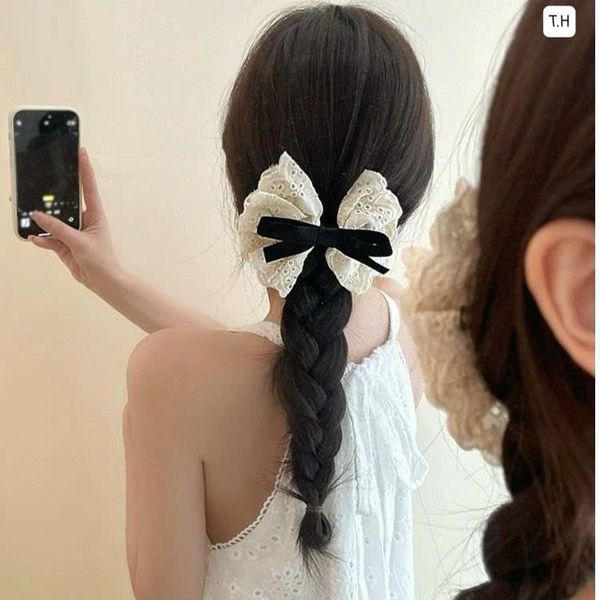 KẸP BẤM nơ ren màu trắng nơ đen