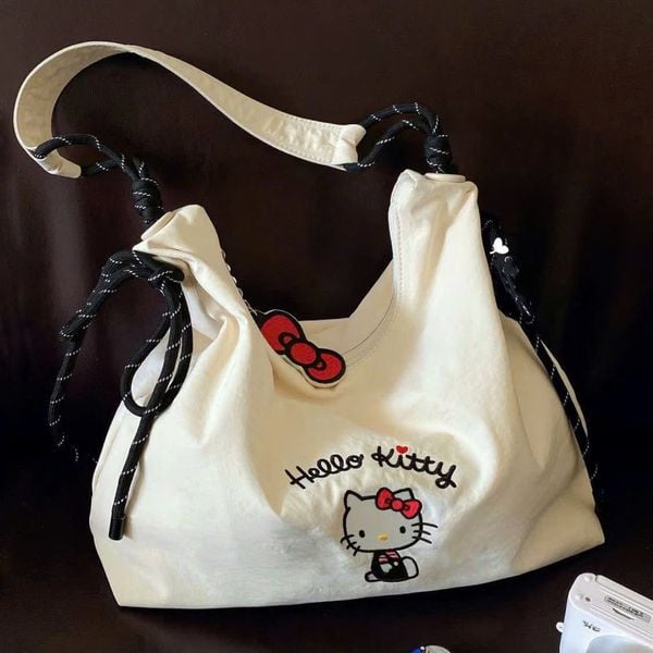 Túi vải dù trắng kitty quai mix thừng