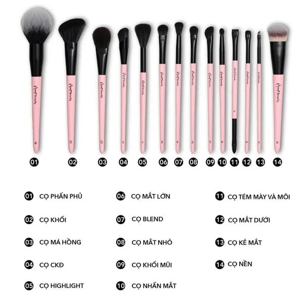 [Bộ cọ MUA.s Beauty 14 cây] Bộ cọ MUAs Beauty 14 cây thân hồng chất lông mền mịn sang chảnh phù hợp makeup cá nhân