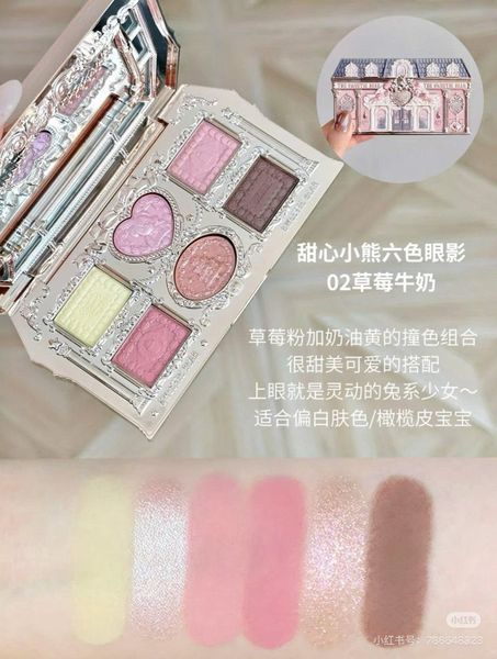 Flower Knows Bảng Phấn Mắt 6 ô Sweetie Bear #02 Strawberry Milk: Tông hồng sữa ngọt ngào, dễ thương.