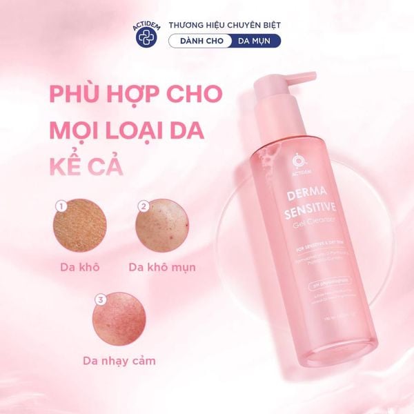 Gel rửa mặt dành cho da khô, nhạy cảm, da hỗn hợp, da dầu mụn Actidem Derma Sensitive/ Purifying Gel Cleanser 200ml