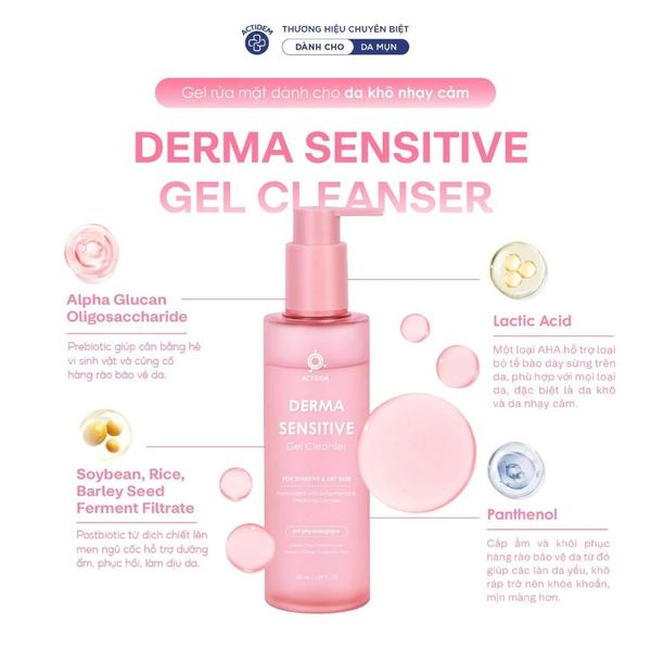 Gel rửa mặt dành cho da khô, nhạy cảm, da hỗn hợp, da dầu mụn Actidem Derma Sensitive/ Purifying Gel Cleanser 200ml