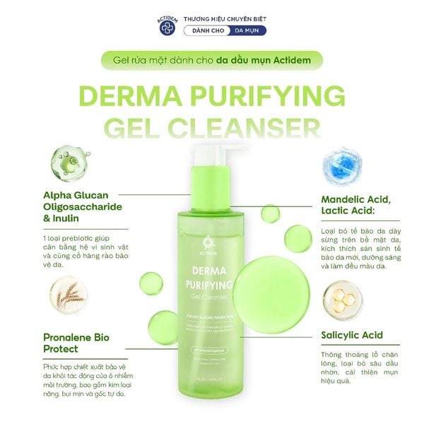 Gel rửa mặt dành cho da khô, nhạy cảm, da hỗn hợp, da dầu mụn Actidem Derma Sensitive/ Purifying Gel Cleanser 200ml