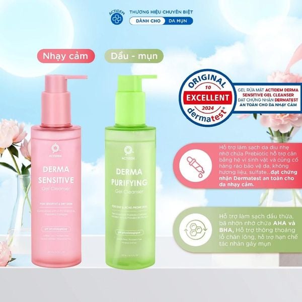Gel rửa mặt dành cho da khô, nhạy cảm, da hỗn hợp, da dầu mụn Actidem Derma Sensitive/ Purifying Gel Cleanser 200ml