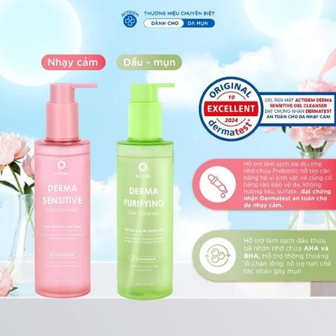 Gel rửa mặt dành cho da khô, nhạy cảm, da hỗn hợp, da dầu mụn Actidem Derma Sensitive/ Purifying Gel Cleanser 200ml