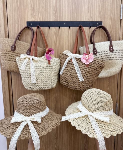 Combo túi cói đan MỀM dây da+ mũ cói đan