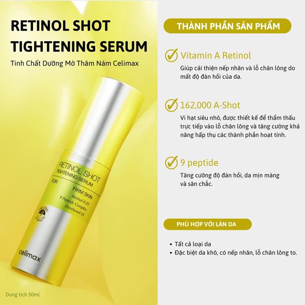 Tinh Chất Dưỡng Mờ Thâm Nám Celimax The Vita-A Retinol Shot Tightening Serum 30ML