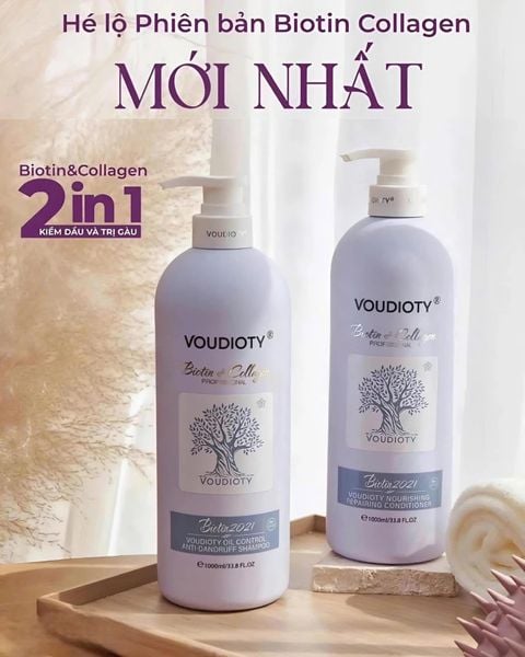 Bộ Dầu Gội Và Dầu Xả 2in1 Trị Gàu & Kiềm Dầu Biotin & Collagen Voudioty 1000ml (Tím)