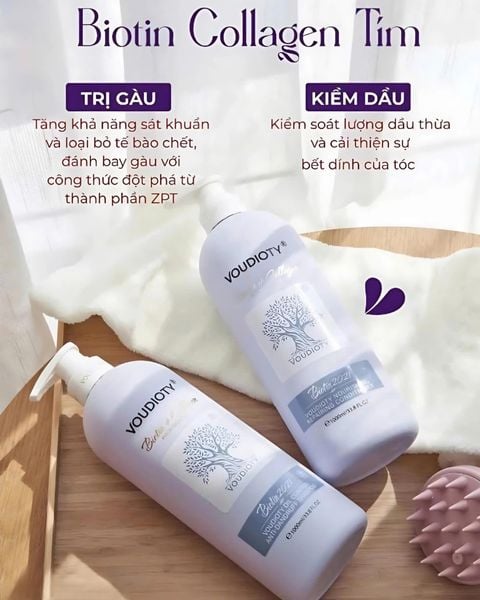 Bộ Dầu Gội Và Dầu Xả 2in1 Trị Gàu & Kiềm Dầu Biotin & Collagen Voudioty 1000ml (Tím)