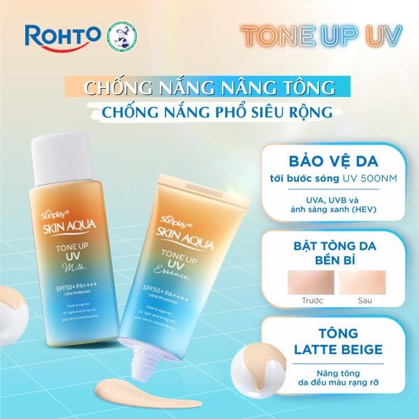 Kem chống nắng nâng tông Skin Aqua Tone up Latte Beige cho mọi tông da, dạng tinh chất Sunplay Skin Aqua Tone Up UV Essence Latte Beige SPF 50+ PA++++ 50g