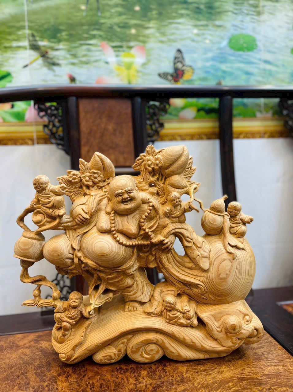 Tượng Di Lặc kéo bao gỗ Ngọc am cao 40cm – Gỗ thơm sưu tầm phong thủy