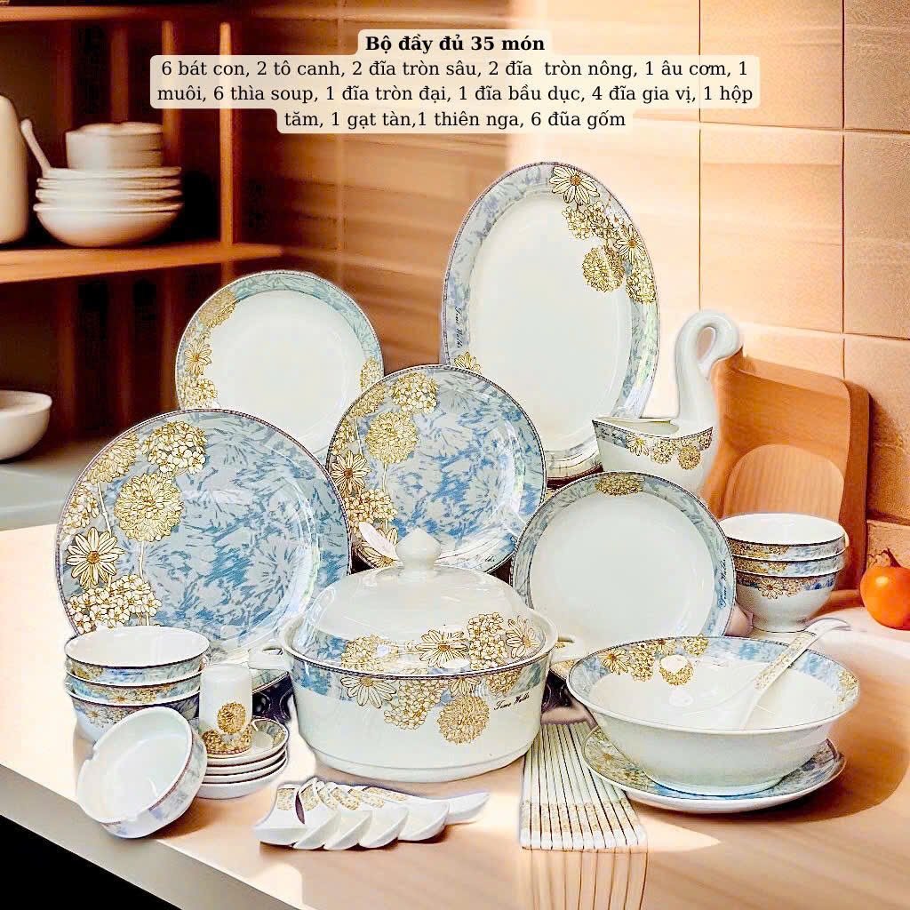 Set bát Hoa Cúc Nguyệt Lam – Gốm sứ cao cấp