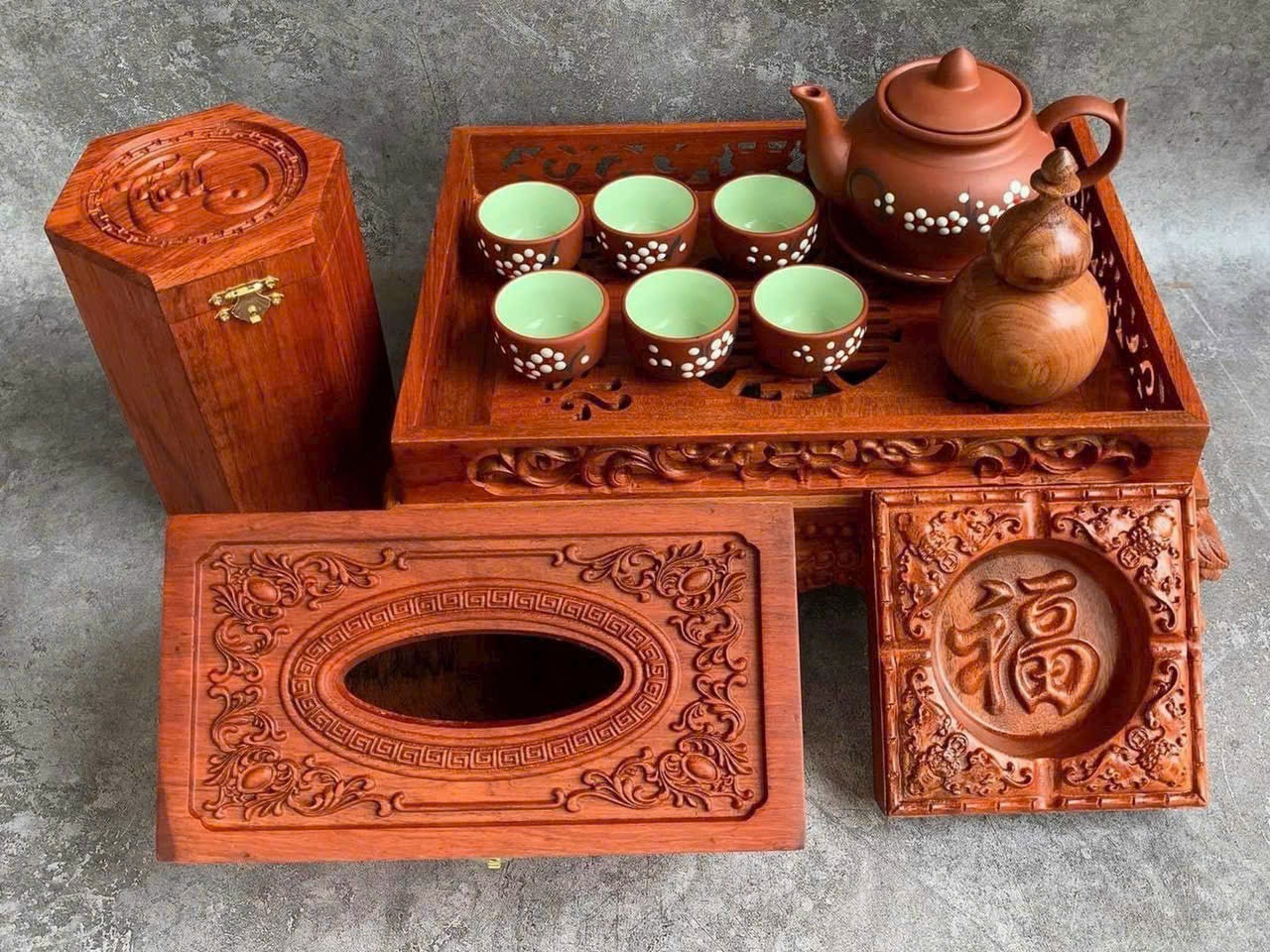 Bộ combo khay trà gỗ hương + ấm chén tử sa Bát Tràng