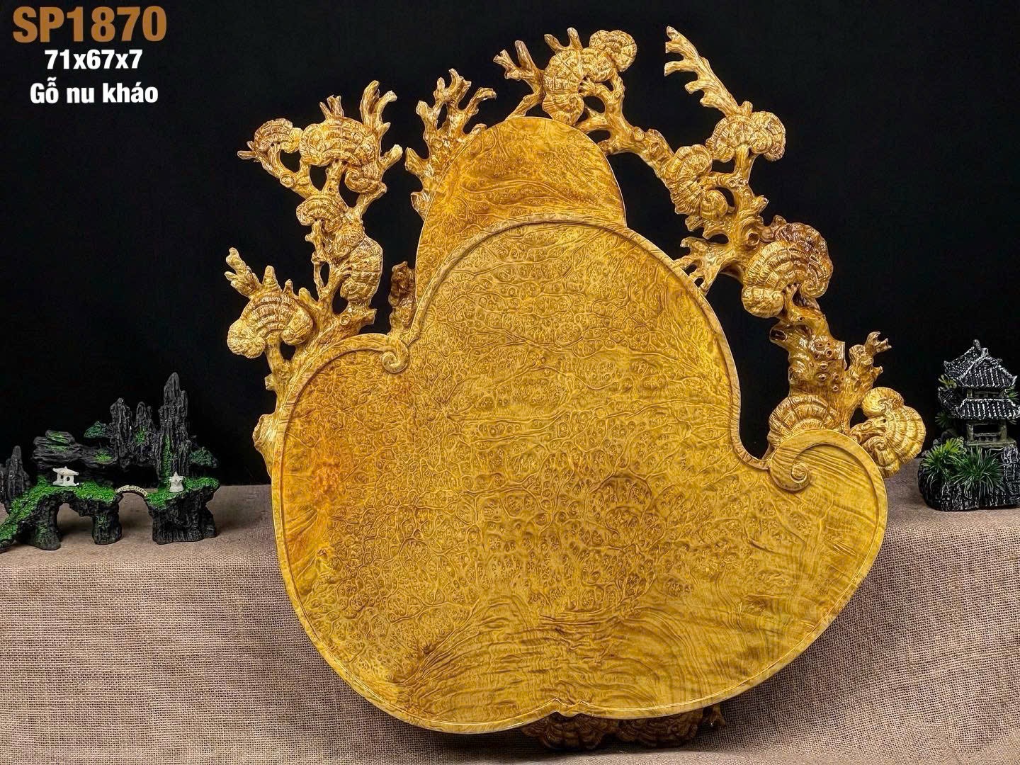 Khay trà nấm gỗ nu kháo đục kỹ 3D đẹp – khay trà gỗ nguyên tấm sang trọng