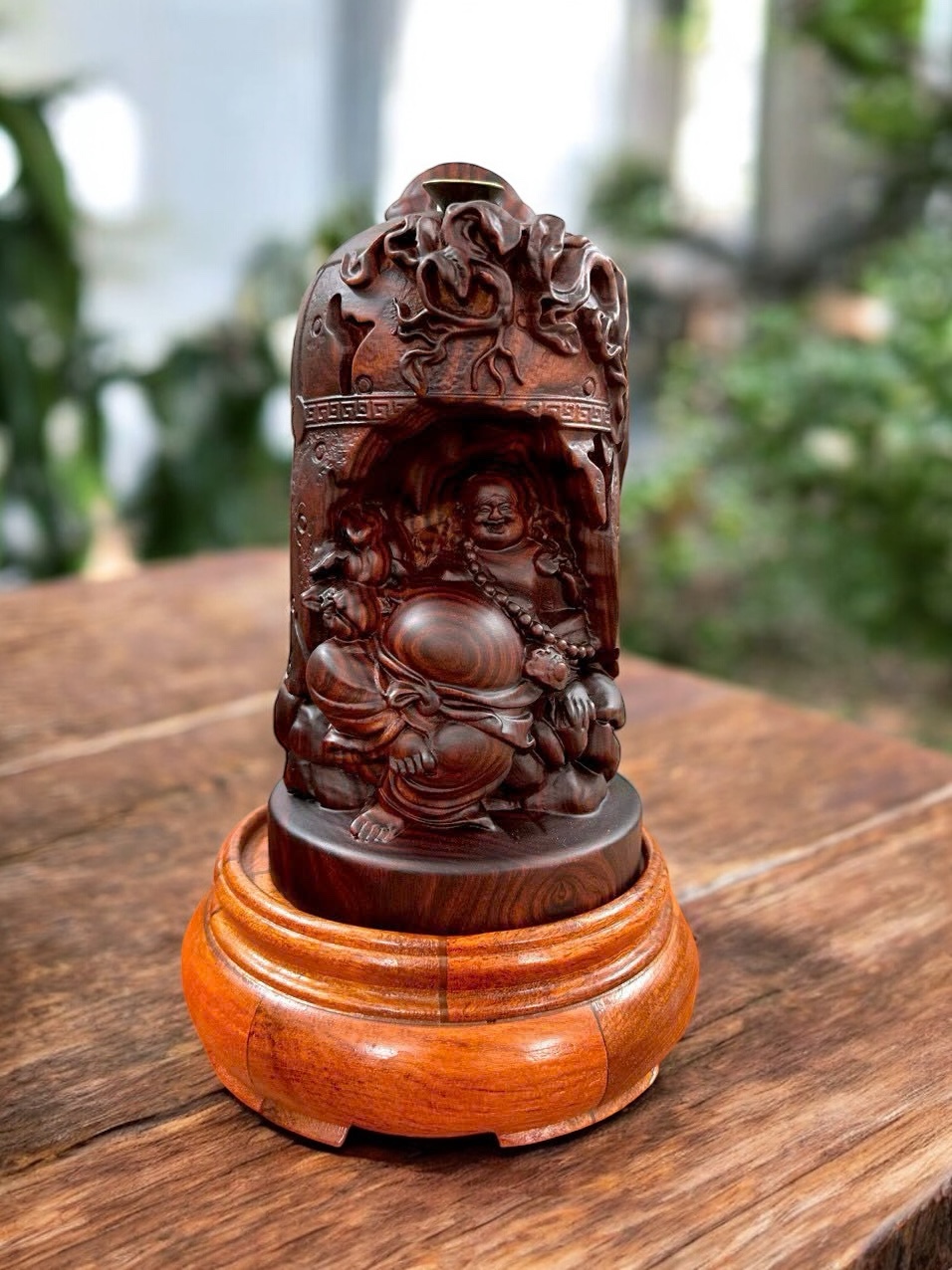 Tượng Di Lặc chuông xông trầm gỗ trắc nhỏ xinh – phong thủy thư giãn