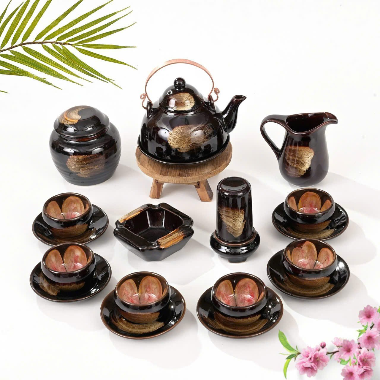 Bộ ấm chén Bát Tràng men hỏa biến thủ công