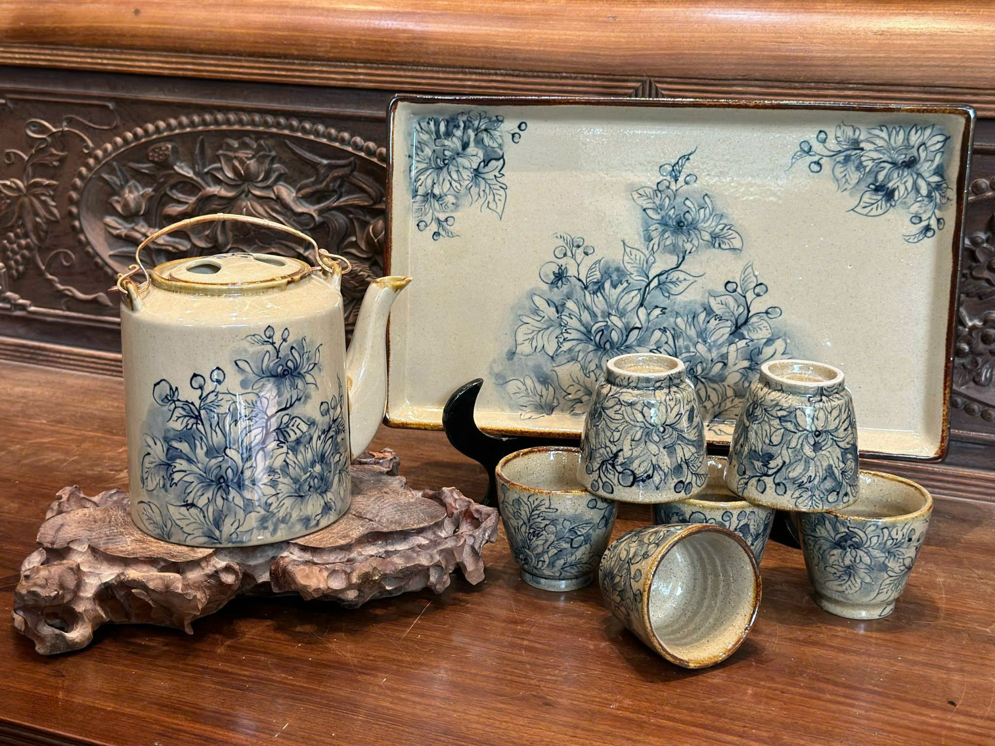 Bộ tích vẽ cúc cổ size to Bát Tràng – Hàng vuốt tay nghệ nhân Bùi Thanh Tùng