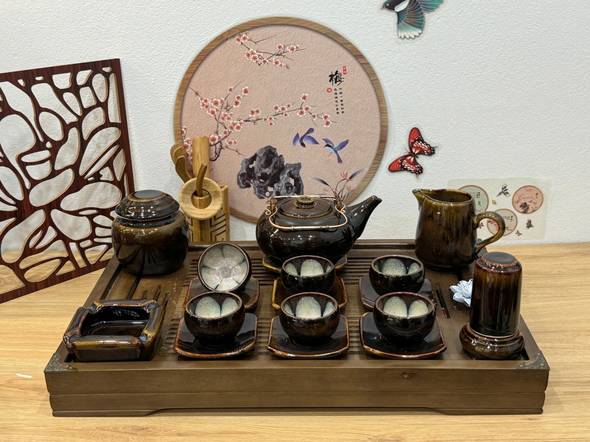 Bộ ấm quai đồng men hổ phách Bát Tràng – có phụ kiện