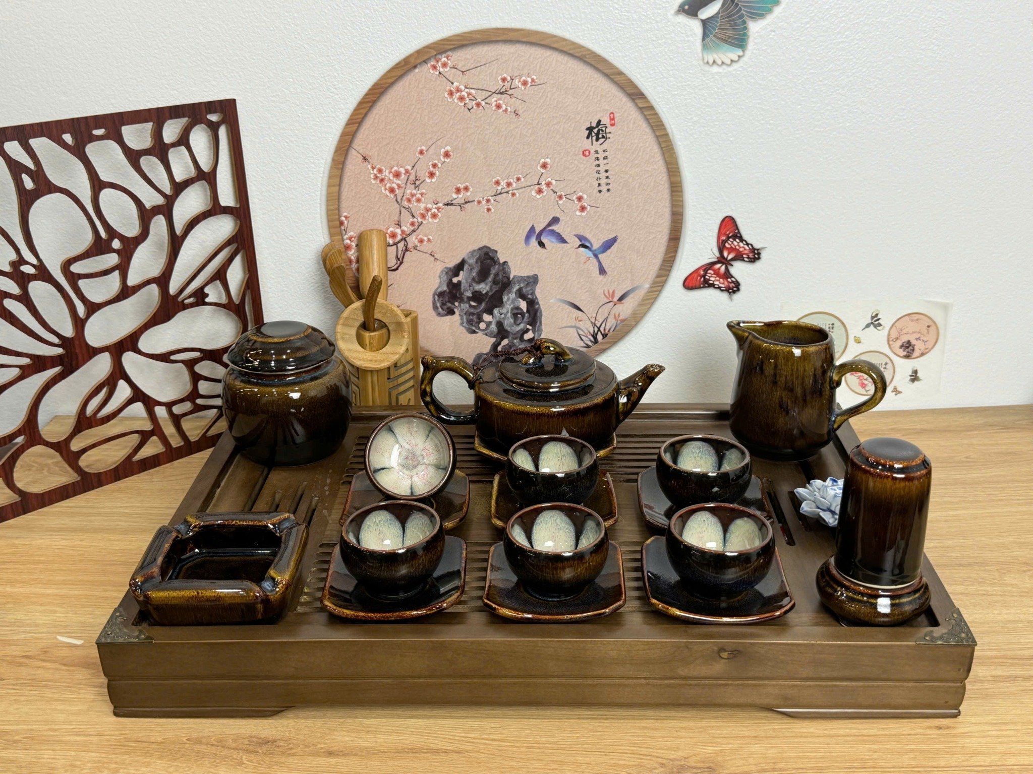 Bộ ấm chén dáng tre men hổ phách Bát Tràng