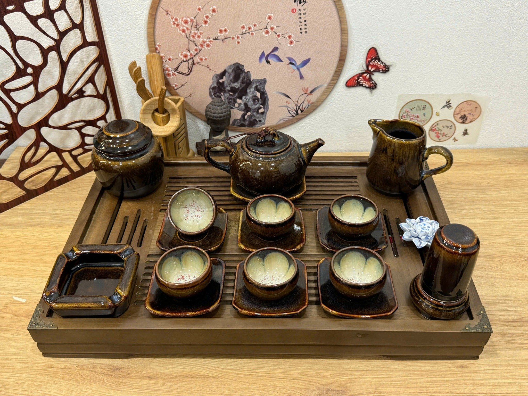 Bộ ấm chén chóp men hổ phách Bát Tràng